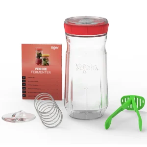 1400 ml-es zöldségfermentáló üveg piros csavaros tetővel, buborékkimozgató pumpával, rozsdamentes acél rugós leszorítóval és üvegsúllyal. Nagy méretű fermentáló eszköz csíráztatáshoz és zöldségek erjesztéséhez.”