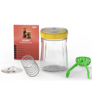 Sárga tetős, 900 ml-es zöldségfermentáló üveg buborékkimozgató pumpával, rozsdamentes acél rugós leszorítóval és üvegsúllyal. Kiváló választás otthoni fermentáláshoz és csíráztatáshoz